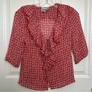 BARASCHI Silk Ruffle Neckline Button Down Red 3/4 sleeve Femina Top | size Small